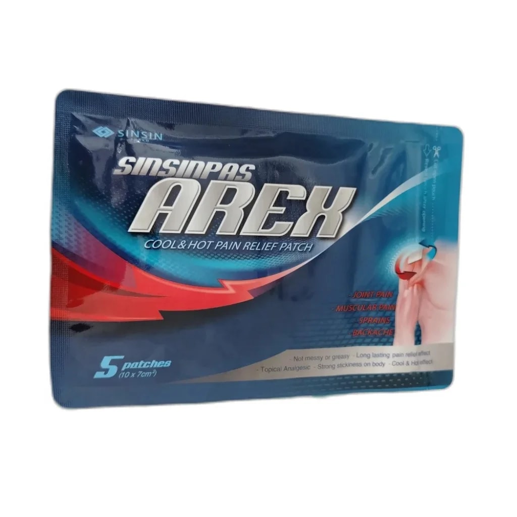 Sinsinpas Arex Per sheet (10x7 cm, 1150.62 mg paste): Methyl salicylate 45.45 mg, DL-Camphor 17.05 mg, L-Menthol 45.45 mg, Mentha oil 22.73 mg, Vanillyl nonylamide 0.057 mg, Zinc oxide 215.91 mg - PHARMACIE RATANAK