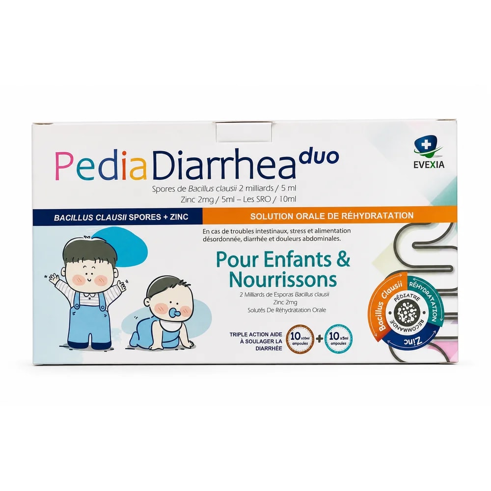PediaDiarrhea duo Bacillus clausii spores 2 billion / 5 mL + zinc 2 mg / 5 mL; oral rehydration salts / 10 mL - Preah Chan Tep Pharmacy