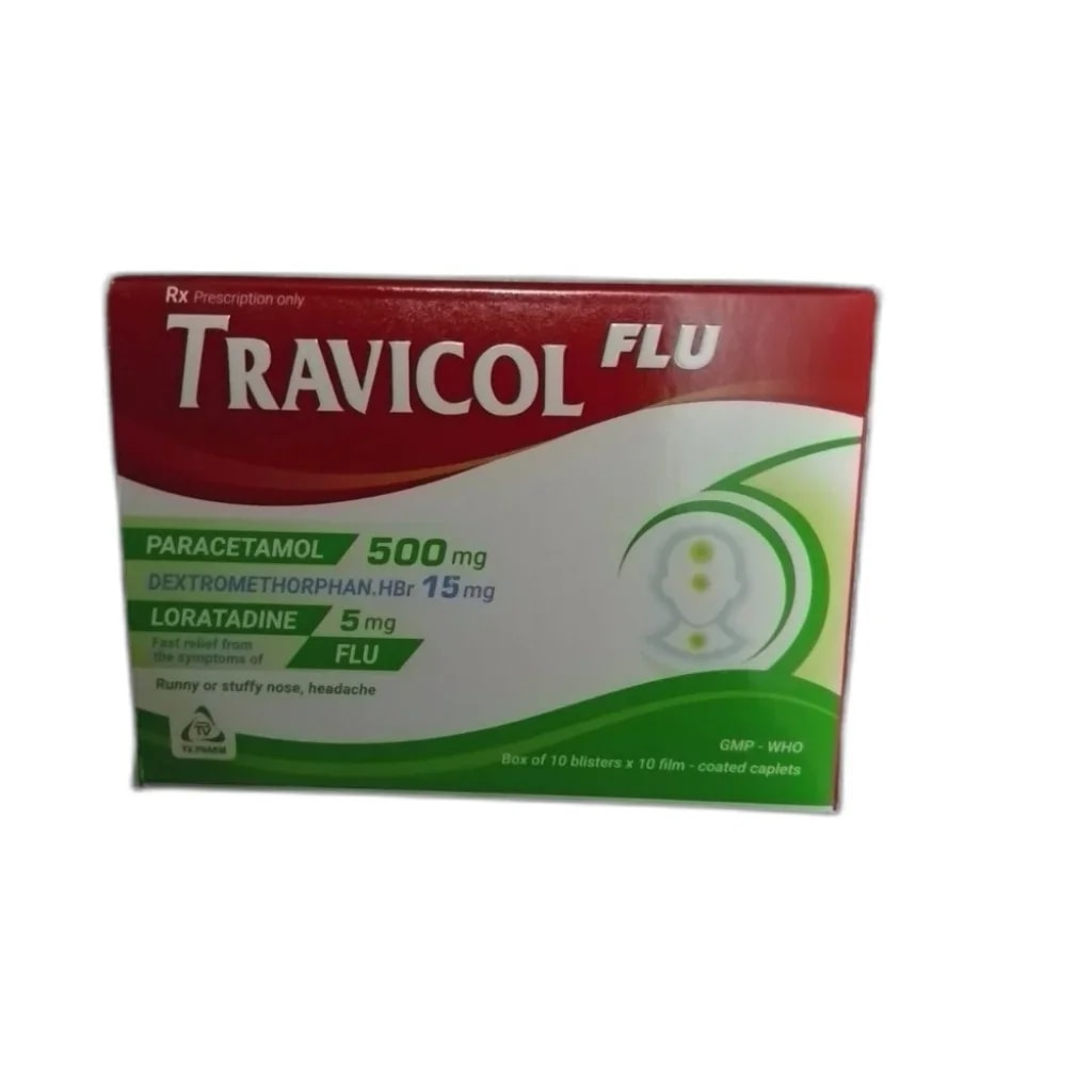 Travicol Flu Paracetamol 500 mg + dextromethorphan hydrobromide 15 mg + loratadine 5 mg tablet - Pharmarcy Tareach