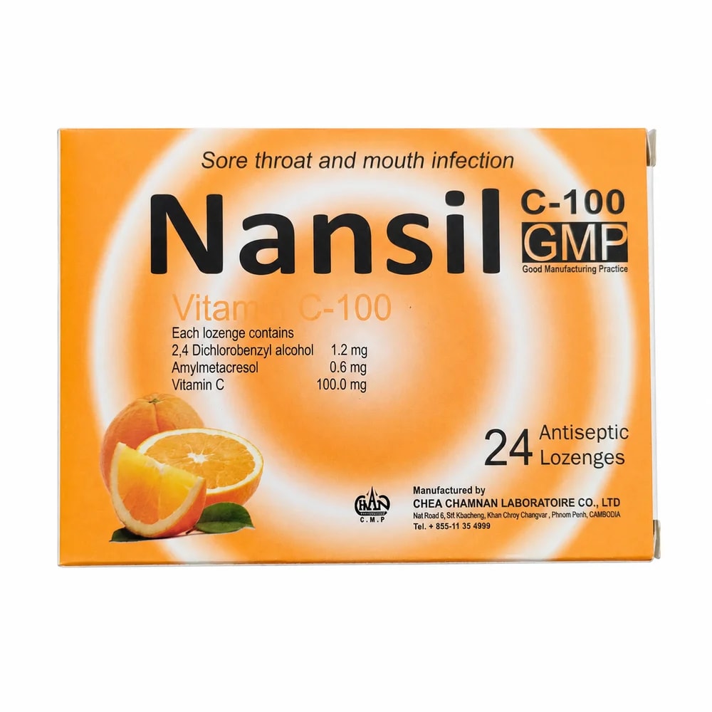 Nansil 2,4-Dichlorobenzyl alcohol 1.2 mg + Amylmetacresol 0.6 mg + Vitamin C 100 mg per lozenge - Preah Chan Tep Pharmacy 