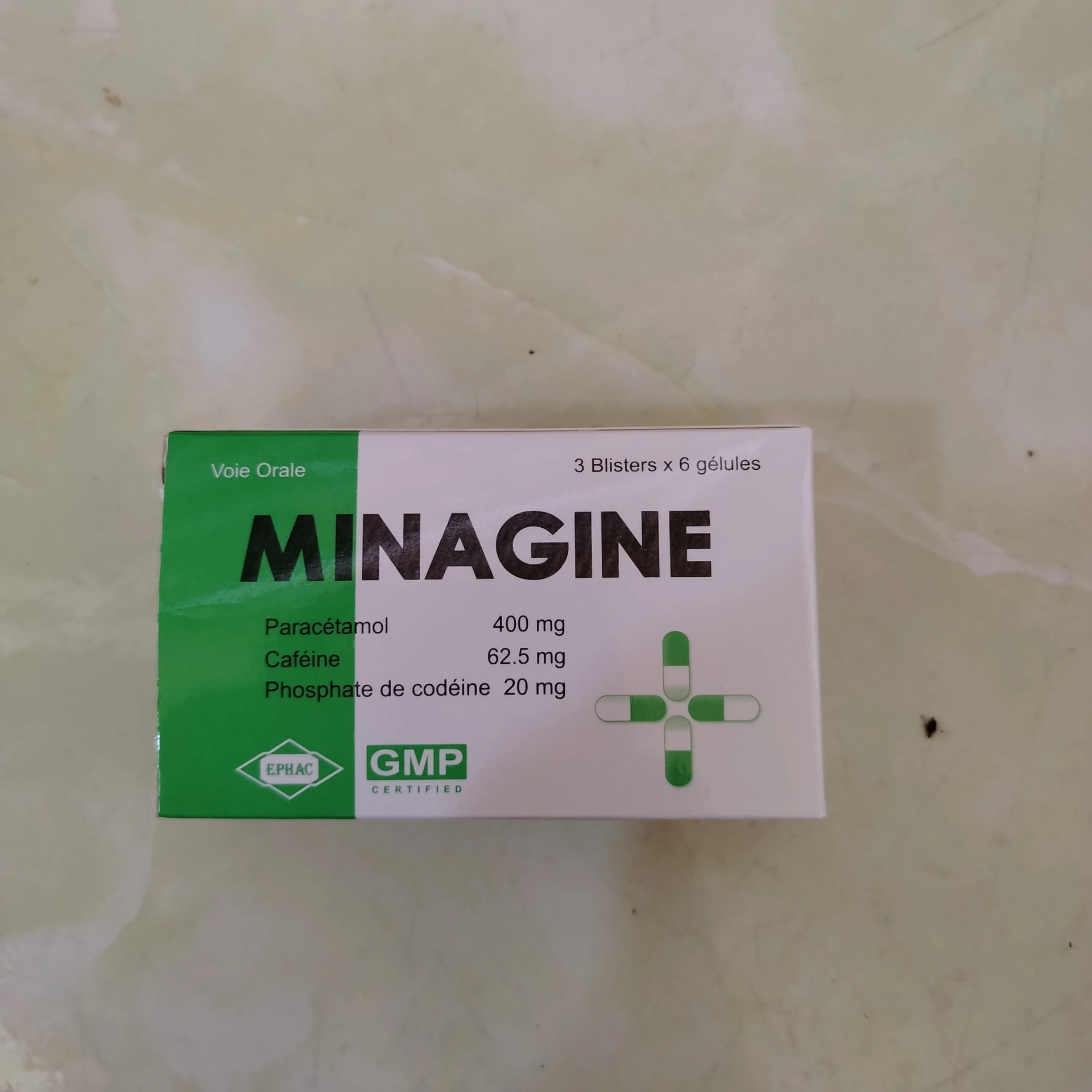 Minagine Paracetamol 400mg + Caffeine 62.5mg + Codeine phosphate 20mg - Phal Cham Rouen