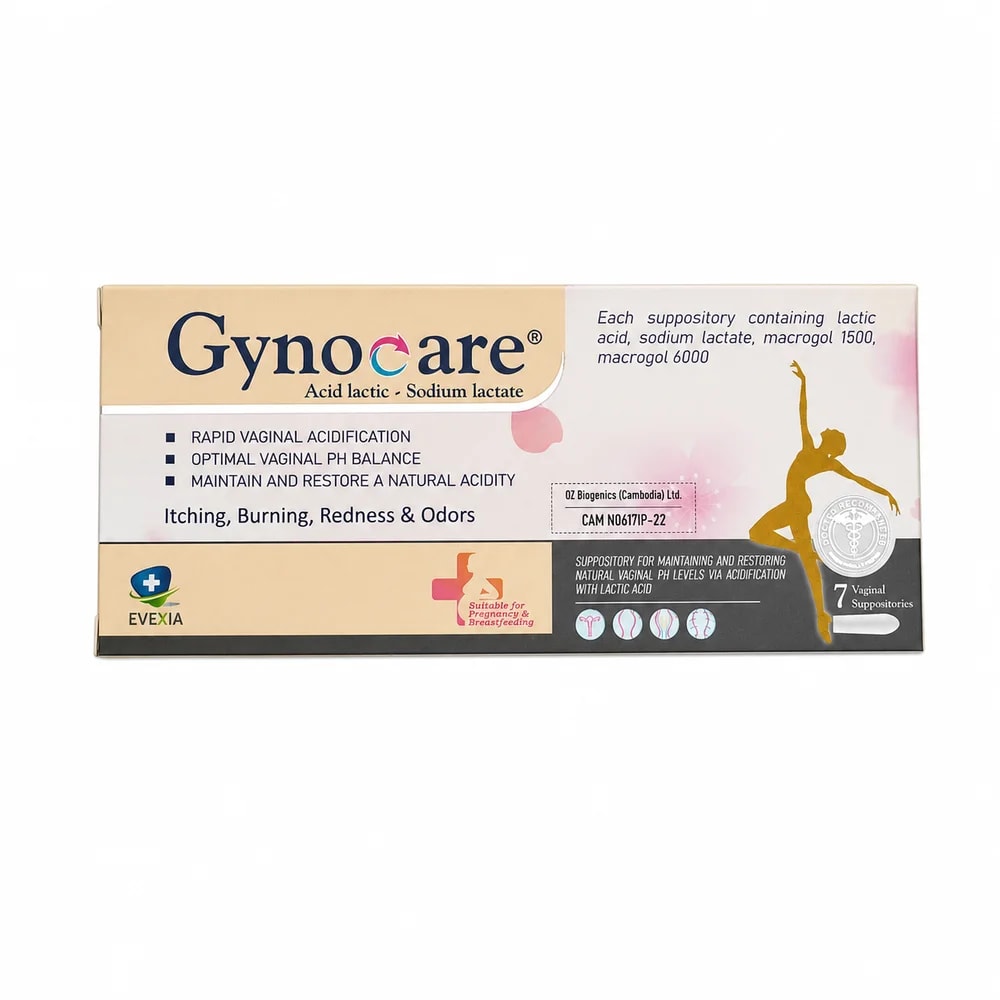 Gynocare Lactic acid 167 mg; sodium lactate 50 mg (equivalent to 40 mg lactic acid); macrogol 1500; macrogol 6000 per suppository - Preah Chan Tep Pharmacy