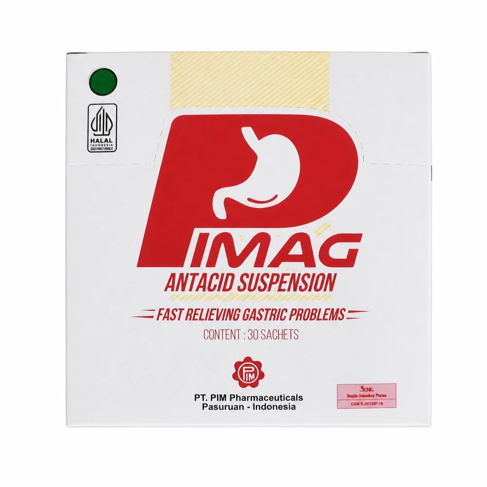 Pimag Aluminium hydroxide dried gel 300 mg + magnesium hydroxide 300 mg + simethicone 80 mg per 7 mL sachet - Preah Chan Tep Pharmacy