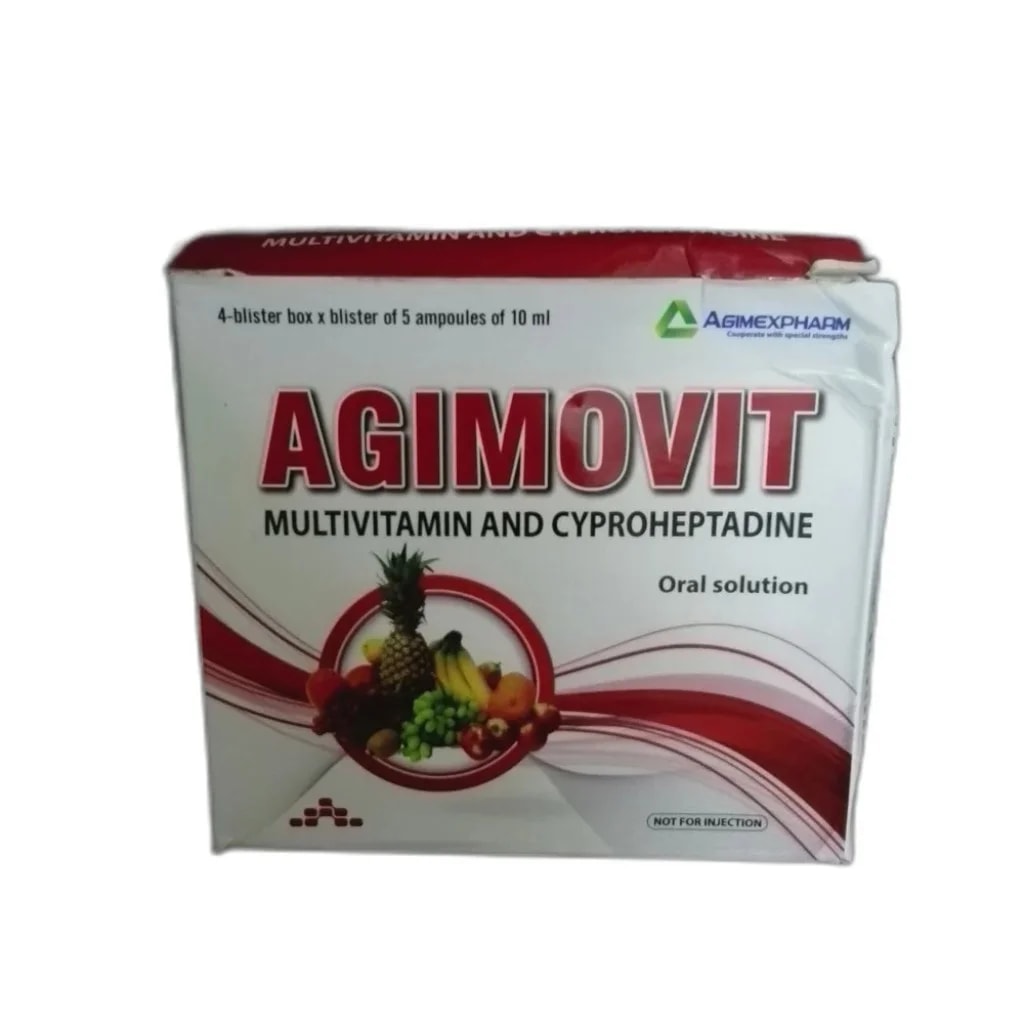 Agimovit Multivitamin and cyproheptadine oral solution; each 10 ml contains cyproheptadine hydrochloride 4 mg, vitamin A 5000 IU, vitamin B2 2 mg, vitamin B6 3 mg, vitamin D3 600 IU, dexpanthenol 20 mg, nicotinamide 10 mg, and thiamine hydrochloride 10 mg - Pharmarcy Tareach