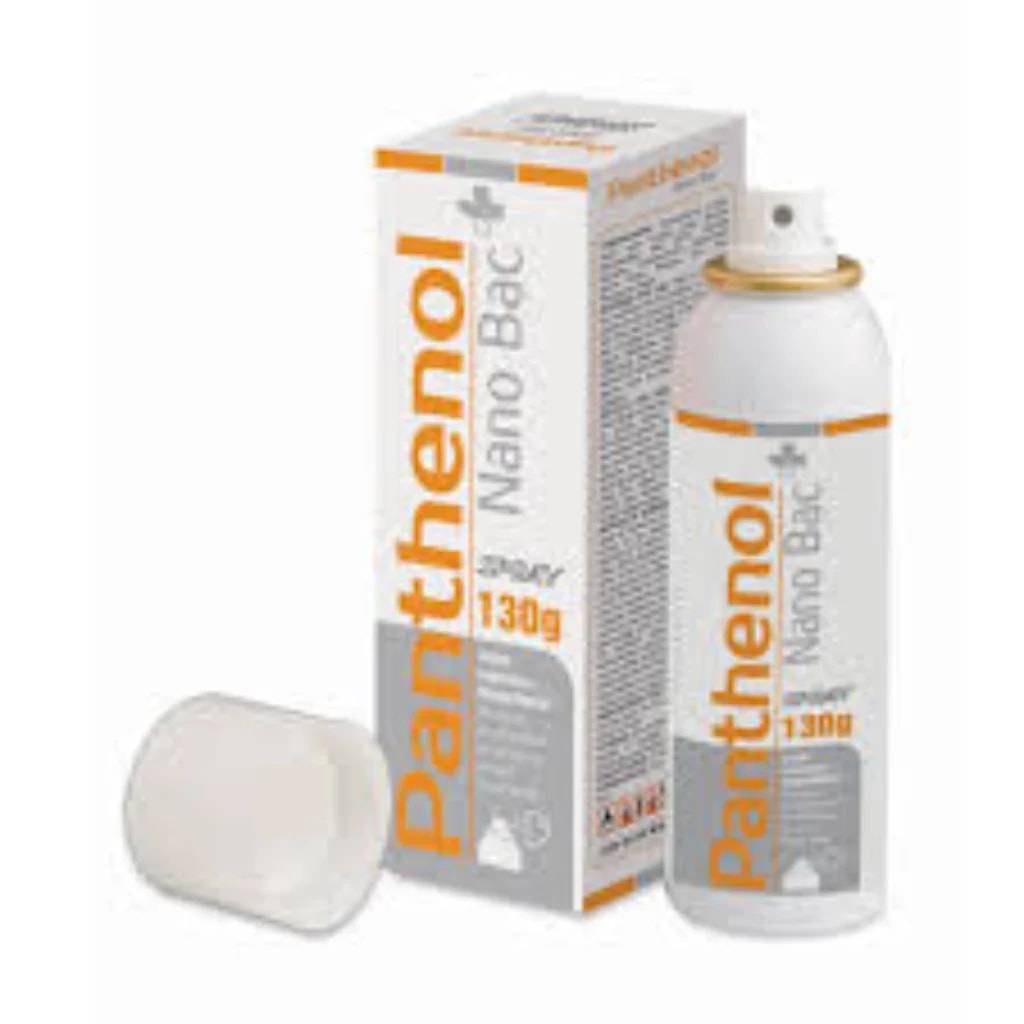 Panthenol Nano Bac Spray Dexpanthenol (A.4.0g), Nano silver, Tocopherol, Almond oil, Helianthus annuus oil, Olea europaea oil, Acid citric, CB Bisin I, Acid myristic, Acid stearic, Butan, Propane, Cetearyl alcohol, Fragrance, Water (per 100g) - Depot De Pharmacie "A" Kim Houy