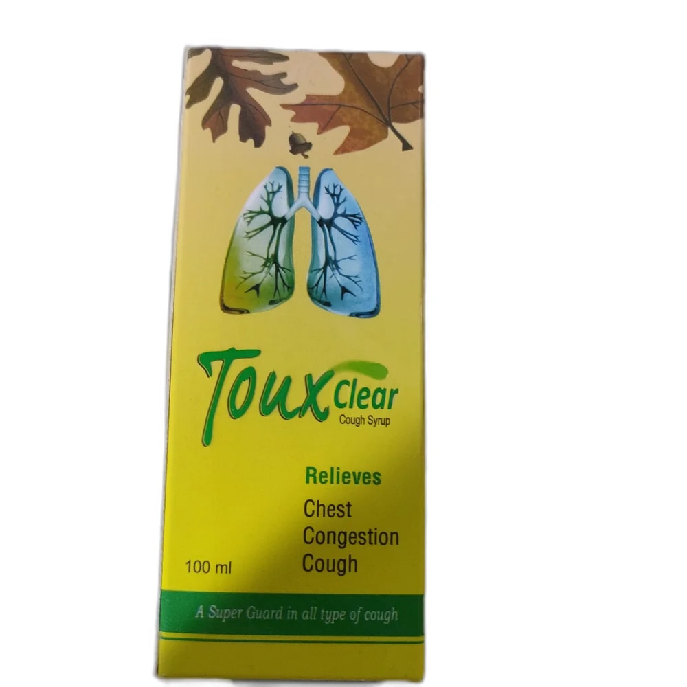 Toux Clear Mulethi (Glycyrrhiza glabra) 250 mg, Arusa (Adhatoda vasica) 200 mg, Tulsi (Ocimum sanctum) 200 mg, Makoya (Solanum xanthocarpum) 200 mg, Honey 200 mg, Pipli (Piper longum) 50 mg, Sunthi (Zingiber officinale) 40 mg, Pudina Sativa (Mentha viridis) 1 mg per 5 ml - PHARMACIE PORNLEU PICH