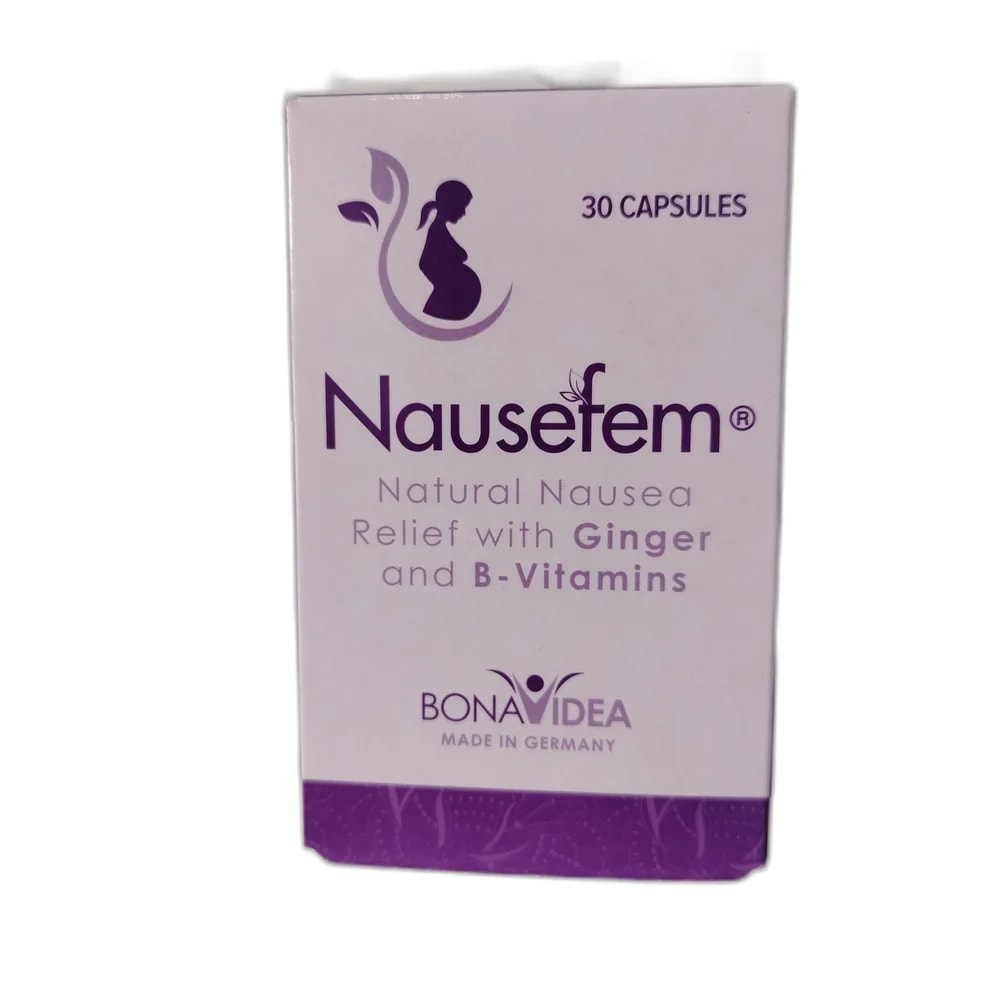 Nausefem Ginger Root 1000 mg / Lime Juice Powder 30 mg / Vitamin B1 4.5 mg / Vitamin B6 25 mg / Vitamin B12 9 mcg / Vitamin D3 7.5 mcg per 3 capsules - PHARMA ASSIST PHARMACY