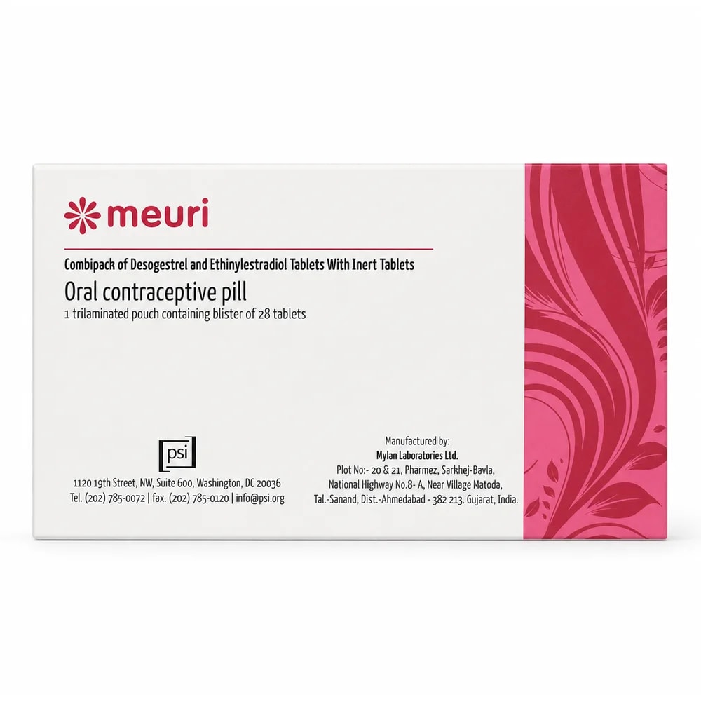Meuri 28 tablets: desogestrel 0.150 mg + ethinylestradiol 0.030 mg in 21 active tablets, plus 7 inert tablets - Preah Chan Tep Pharmacy