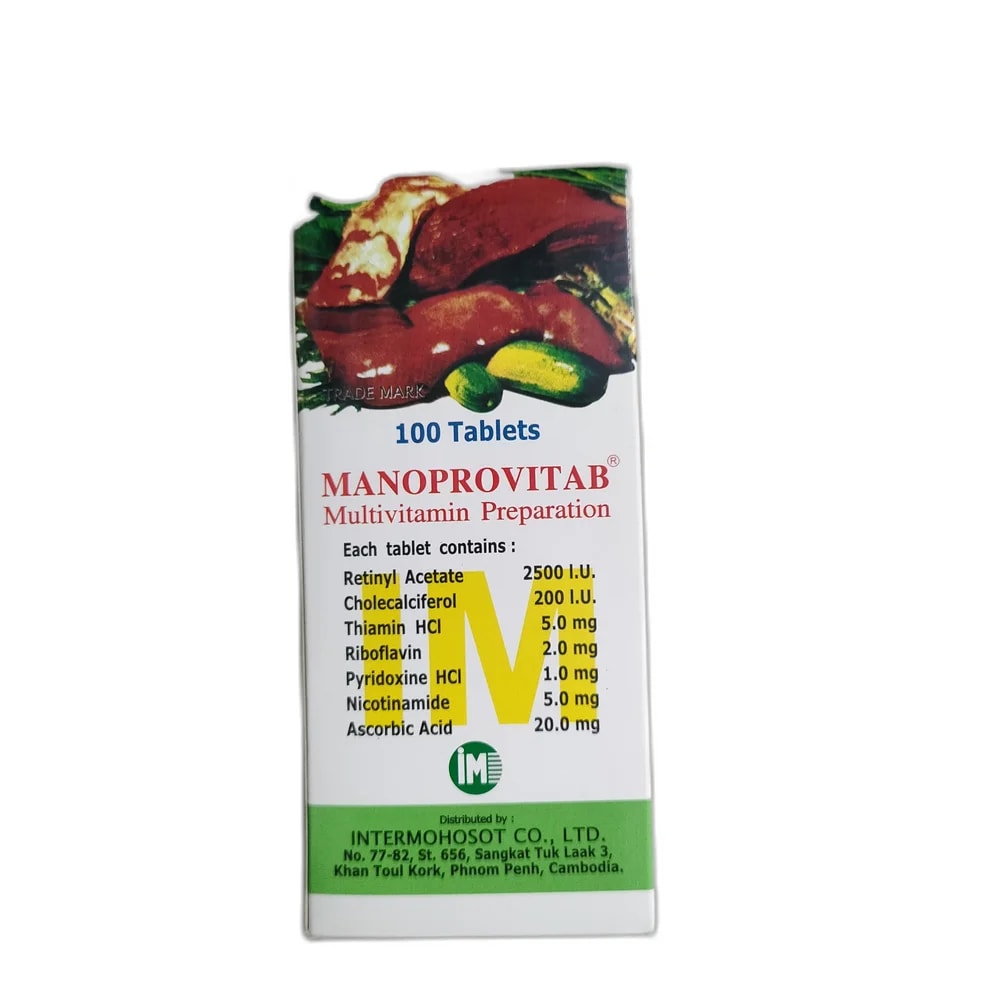 MANOPROVITAB Retinyl Acetate 2500 IU / Cholecalciferol 200 IU / Thiamin HCl 5 mg / Riboflavin 2 mg / Pyridoxine HCl 1 mg / Nicotinamide 5 mg / Ascorbic Acid 20 mg per tablet - MEY PHARMA PHARMACY