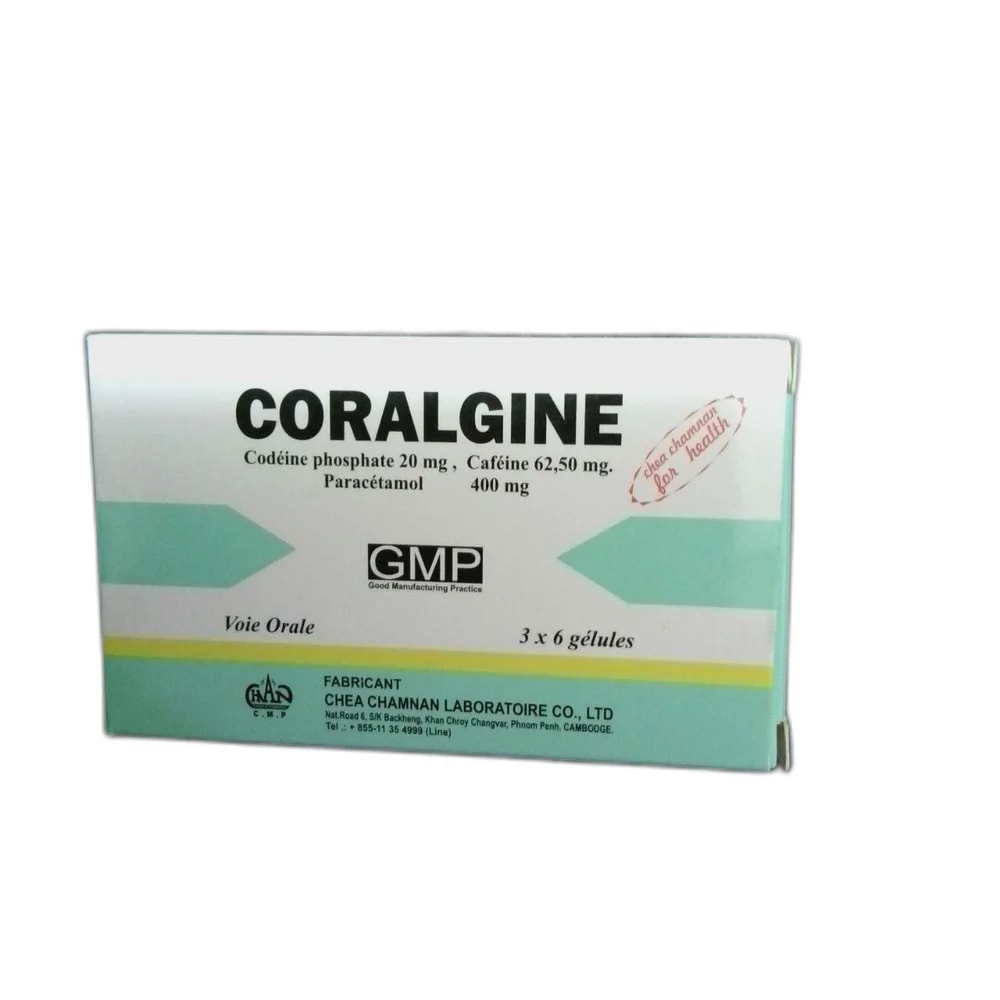 Coralgine Codeine phosphate 20 mg + caffeine 62.5 mg + paracetamol 400 mg per capsule - Pharmarcy Tareach
