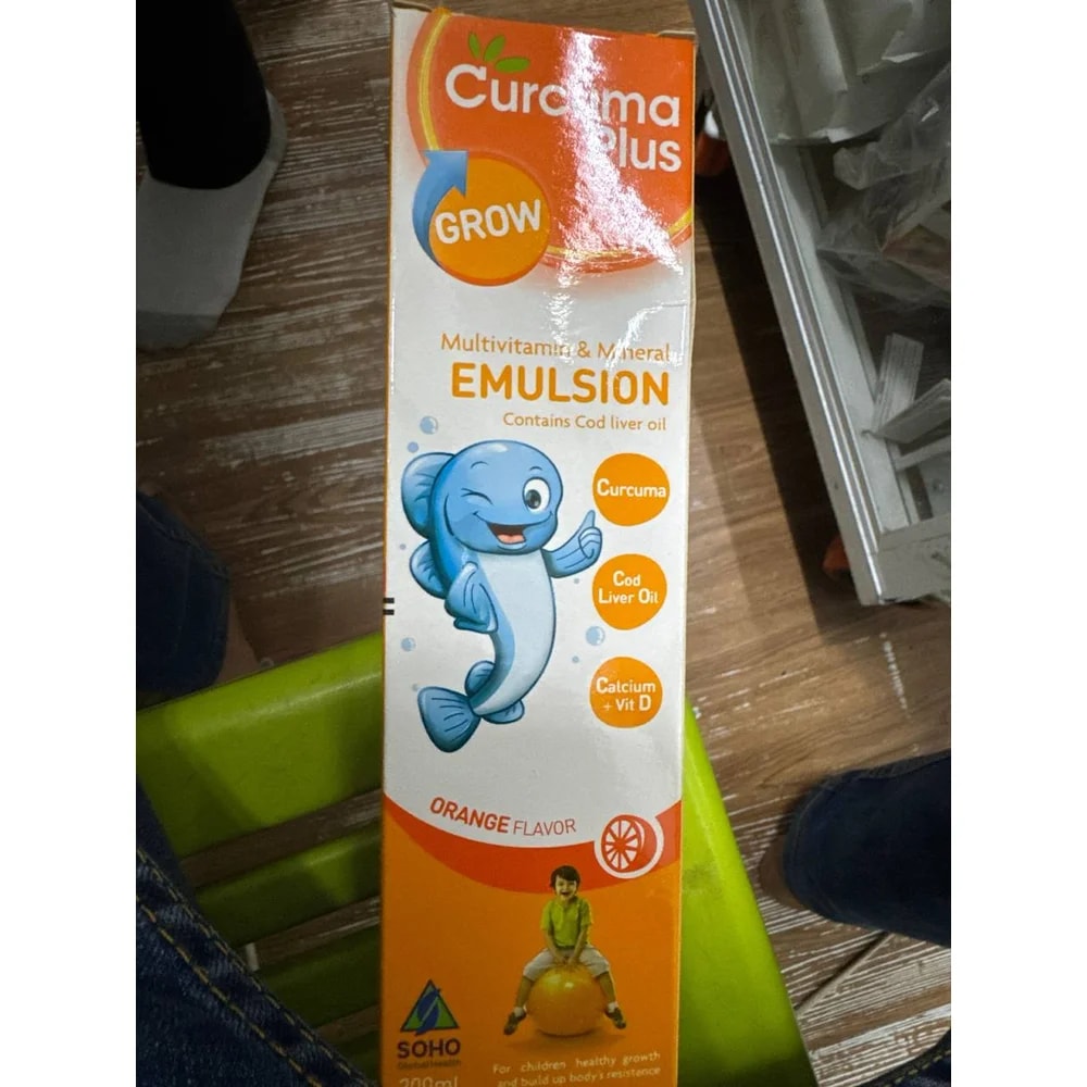 Curcuma Plus Grow Multivitamin and Mineral Emulsion Orange-flavoured multivitamin and mineral emulsion with cod liver oil, curcuma, calcium, and vitamin D, 200 ml - Kim Yi