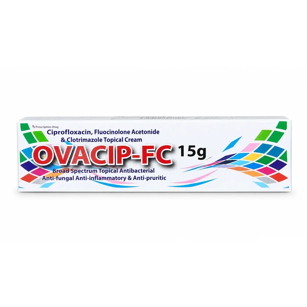 Ovacip-FC Ciprofloxacin hydrochloride equivalent to ciprofloxacin 0.5% w/w, fluocinolone acetonide 0.025% w/w and clotrimazole 1% w/w - Kim Yi
