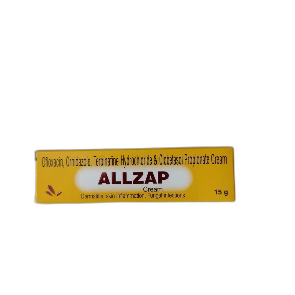 Allzap 15 g cream; Ofloxacin 0.75%, Ornidazole 2.0%, Terbinafine HCl 1.0%, Clobetasol Propionate 0.05% - PHARMA ASSIST PHARMACY