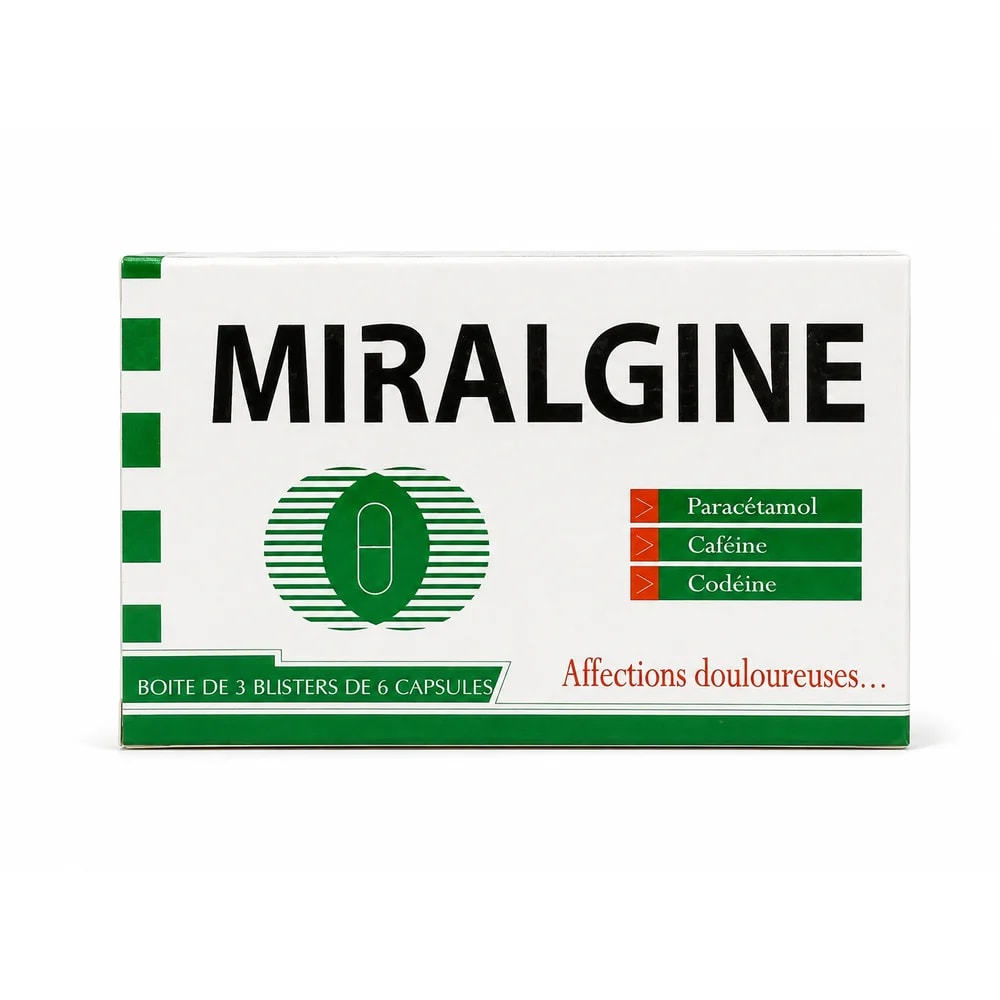 Miralgine Paracetamol 400 mg, caffeine 62.5 mg, and codeine phosphate hemihydrate 20 mg capsules - Kim Yi
