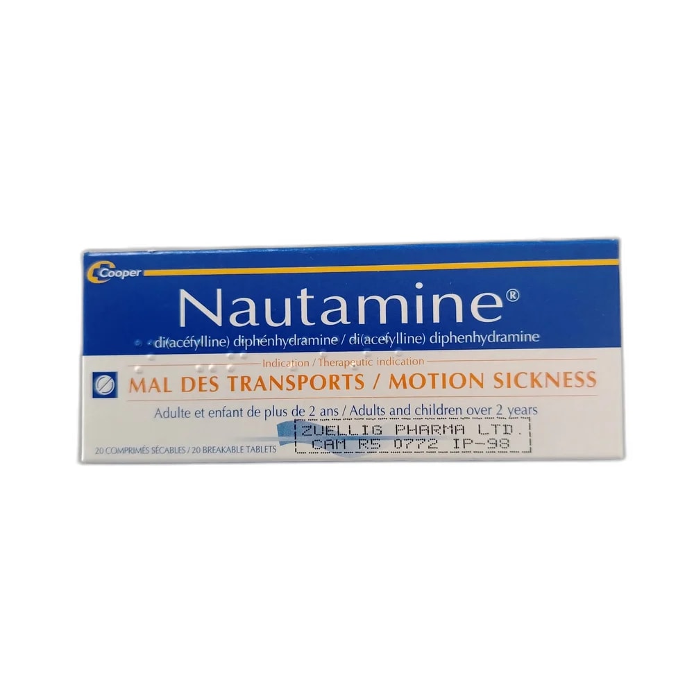 Nautamine Diphenhydramine di(acefylline) 90 mg per scored oral tablet (20 breakable tablets per box) - Oudom Puthik Pharmacy