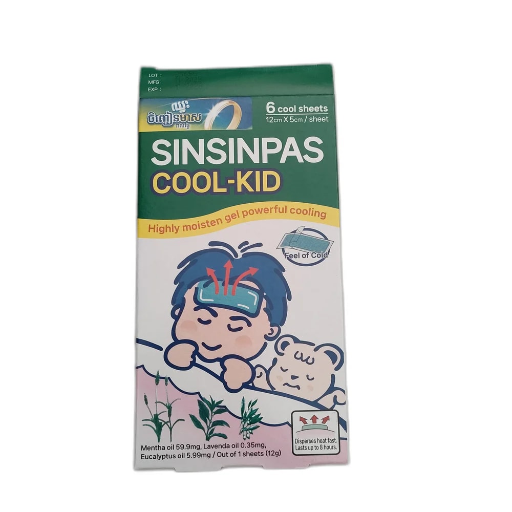 Sinsinpas Cool-Kid Per sheet (12 g): Mentha oil 59.9 mg, Lavender oil 0.35 mg, Eucalyptus oil 5.99 mg - PHARMACIE PUNLEU SOKPHEAP II