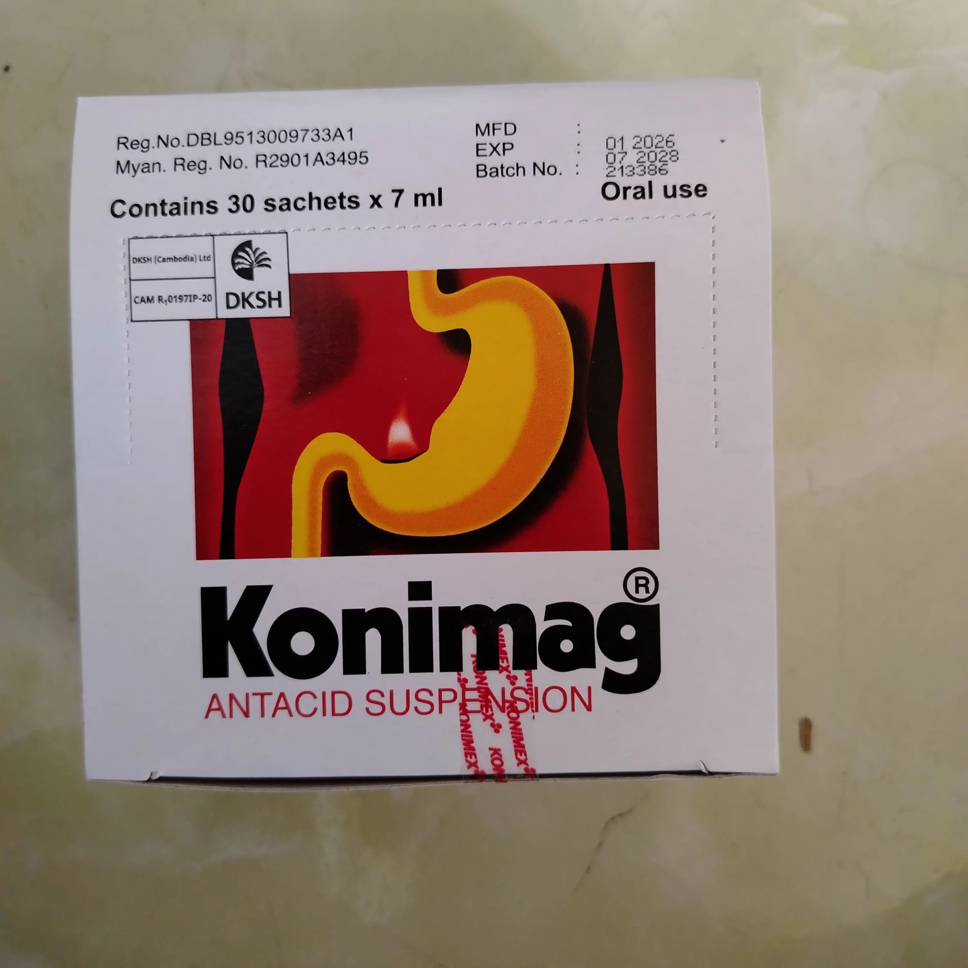 Konimag Magnesium Trisilicate 300 mg / Aluminium Hydroxide 300 mg / Simethicone 50 mg per 7 ml sachet - Phal Cham Rouen