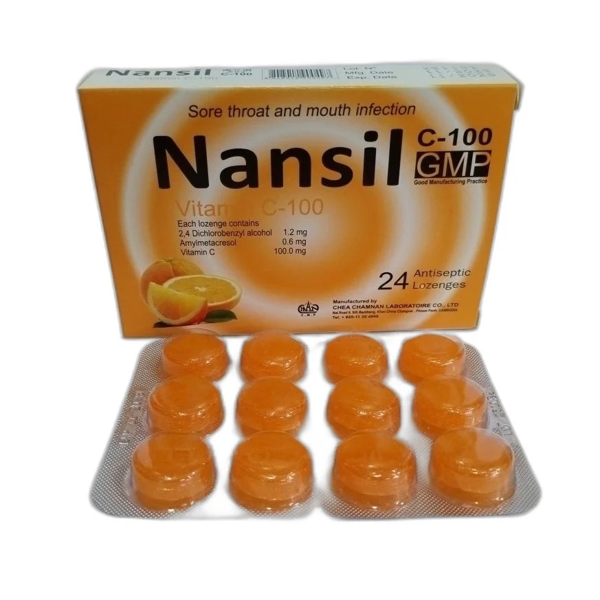 Nansil C-100 2,4-dichlorobenzyl alcohol 1.2 mg + amylmetacresol 0.6 mg + vitamin C 100 mg per lozenge - ឱសថស្ថាន សុខលាភ