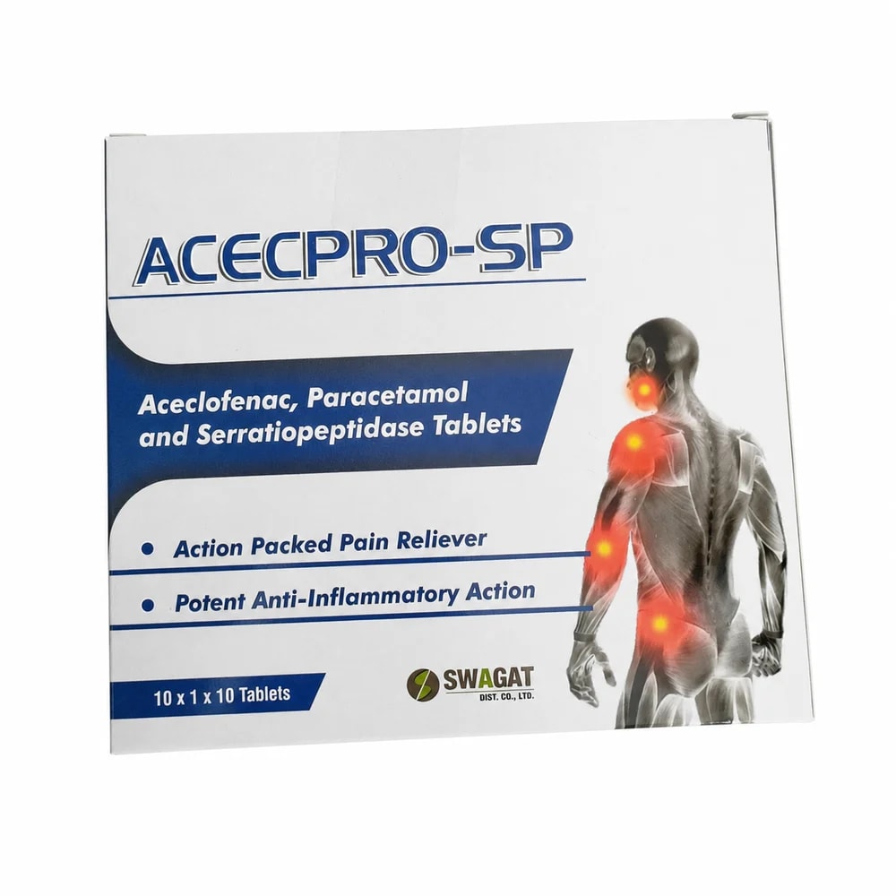 ACECPRO-SP Aceclofenac 100 mg / Paracetamol 500 mg / Serratiopeptidase 10 mg tablet - Preah Chan Tep Pharmacy