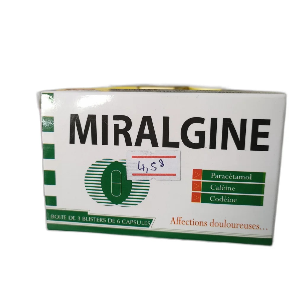 Miralgine Paracetamol 400mg + Caffeine 62.5mg + Codeine 20mg per capsule - MEY PHARMA PHARMACY
