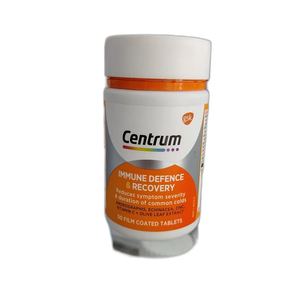 Centrum Immune Defence & Recovery Per tablet: Andrographis paniculata ext. dry conc. stand. 150 mg (equiv. dry leaf 1.95 g, standardised to contain andrographolide 52.5 mg); Echinacea purpurea ext. dry conc. 150 mg (equiv. dry root 750 mg); Olea europaea (olive) ext. dry conc. 150 mg (equiv. dry leaf 750 mg); Ascorbic acid (Vitamin C) 250 mg; Zinc (as zinc amino acid chelate) 5 mg - PHARMA ASSIST PHARMACY