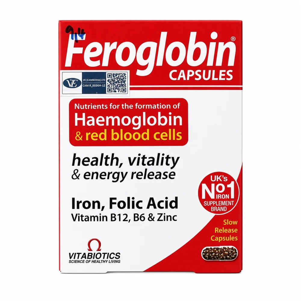 Feroglobin Capsules Iron 24 mg + folic acid 500 µg + vitamin B12 10 µg + vitamin B6 5 mg + zinc 12 mg - Preah Chan Tep Pharmacy