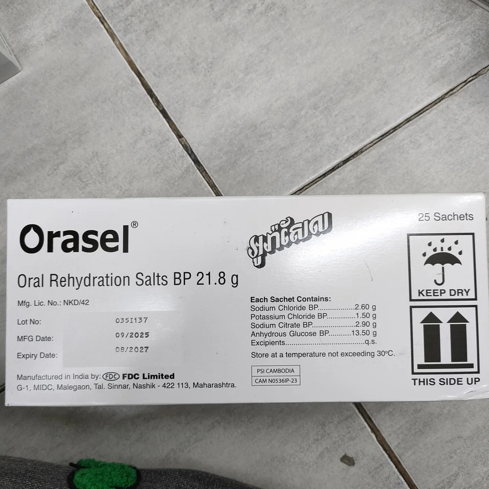 Orasel Sachet of 21.8 g (Sodium chloride 2.60 g, Potassium chloride 1.50 g, Sodium citrate 2.90 g, Anhydrous glucose 13.50 g) - Depot De Pharmacie "A" Kim Houy