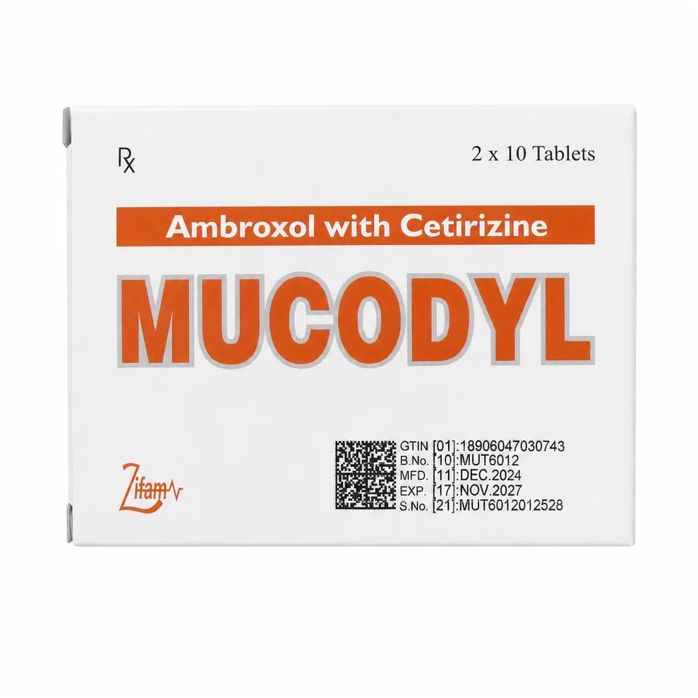 Mucodyl Ambroxol hydrochloride 60 mg + cetirizine hydrochloride 5 mg per film-coated tablet - Preah Chan Tep Pharmacy