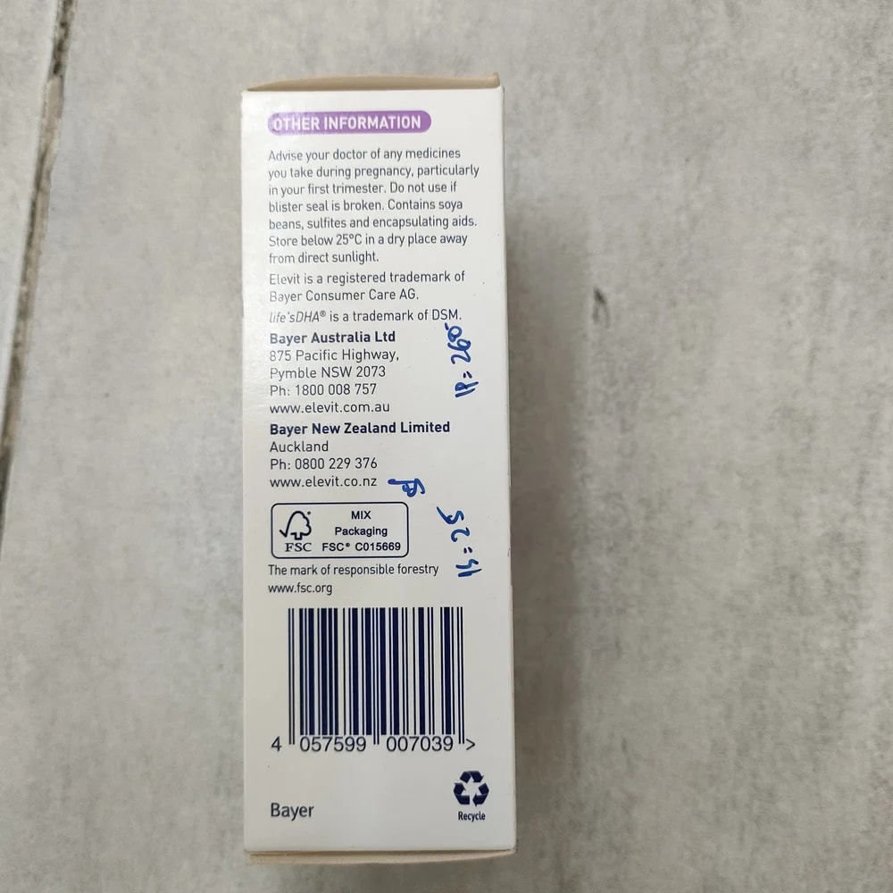 Elevit DHA & Choline Pregnancy 1 capsule daily. Per capsule: DHA 200 mg (from algal oil) + Choline 110 mg (from Choline bitartrate 267 mg) - Depot De Pharmacie "A" Kim Houy