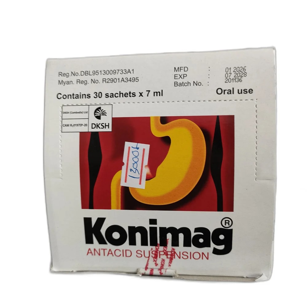 Konimag Magnesium Trisilicate 300 mg, Aluminium Hydroxide Dried Gel 300 mg, Simethicone 50 mg per 7 ml sachet - MEY PHARMA PHARMACY