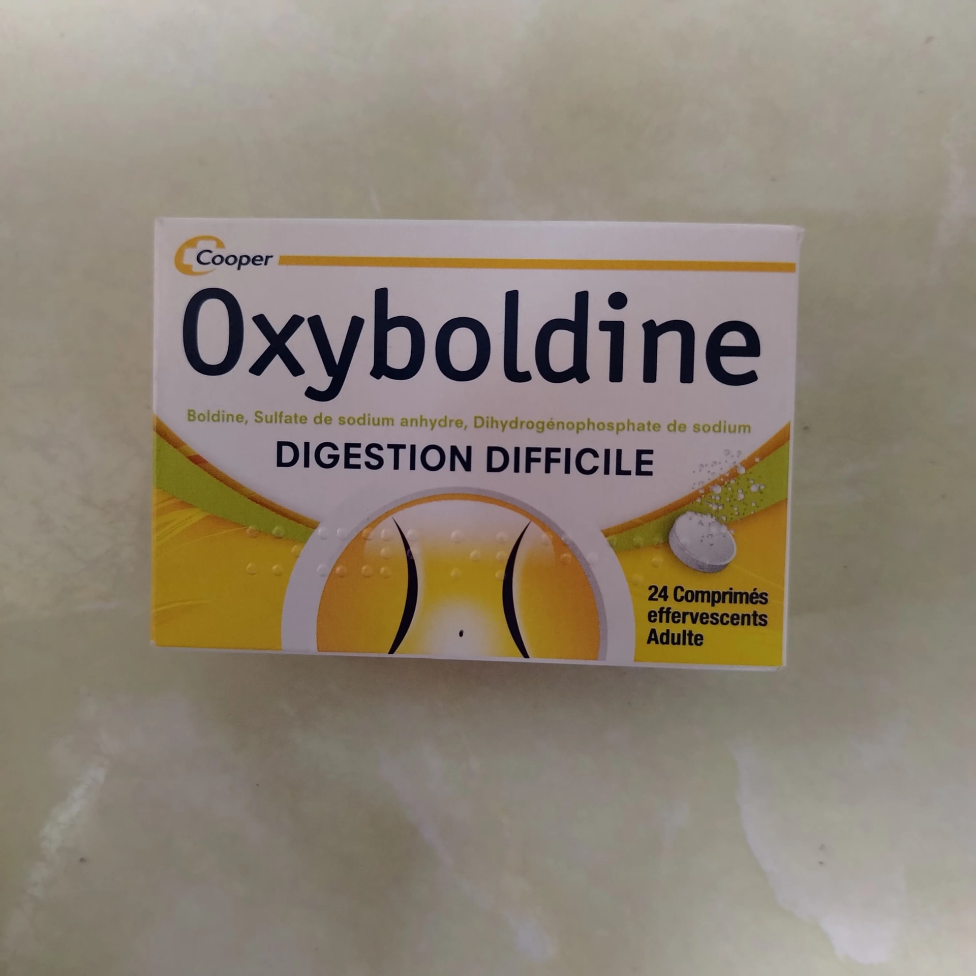 Oxyboldine 0.5 mg Boldine, 54.0 mg Anhydrous Sodium Sulfate, 132.0 mg Sodium Dihydrogen Phosphate per effervescent tablet - Phal Cham Rouen