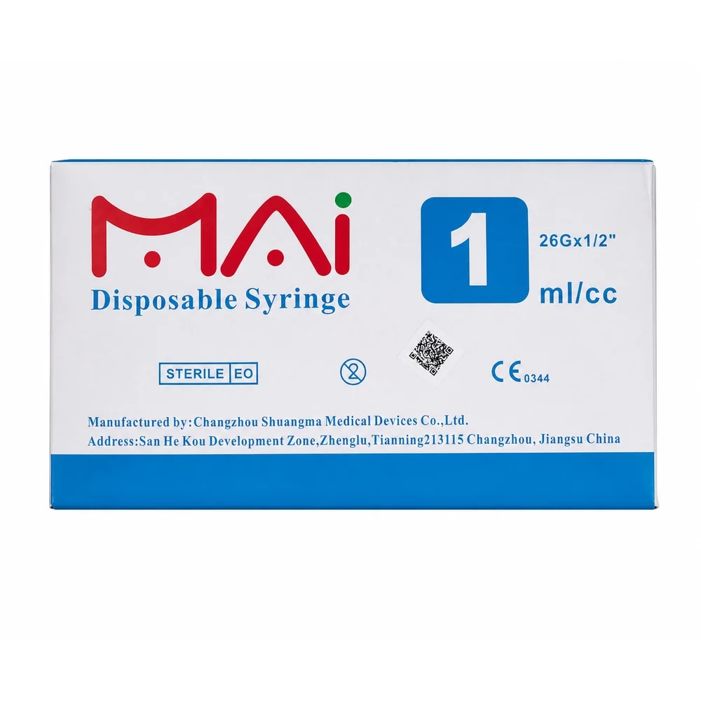 MAI Disposable Syringe 1 mL/cc; 26G × 1/2 inch needle - Preah Chan Tep Pharmacy