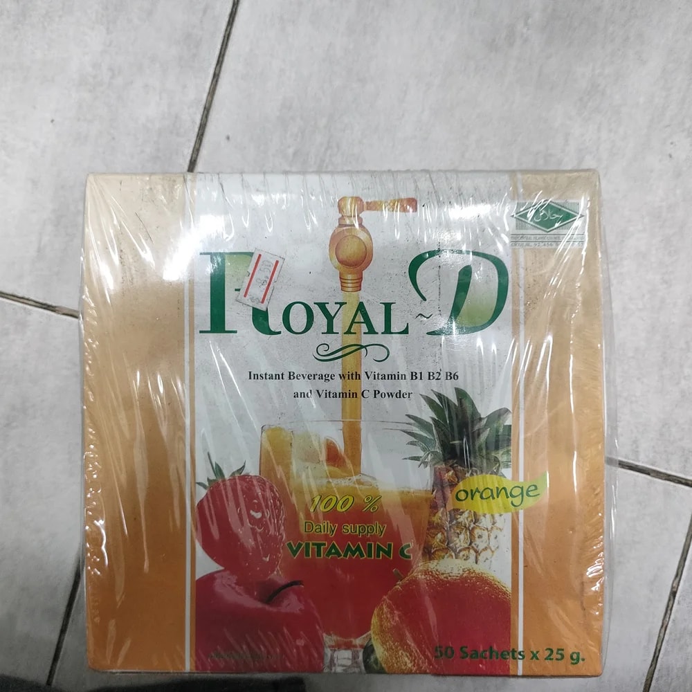 Royal-D Enrich Instant Beverage Orange Each 25 g sachet (orange flavor) provides 100% daily Vitamin C plus B1, B2, B6 - Depot De Pharmacie "A" Kim Houy