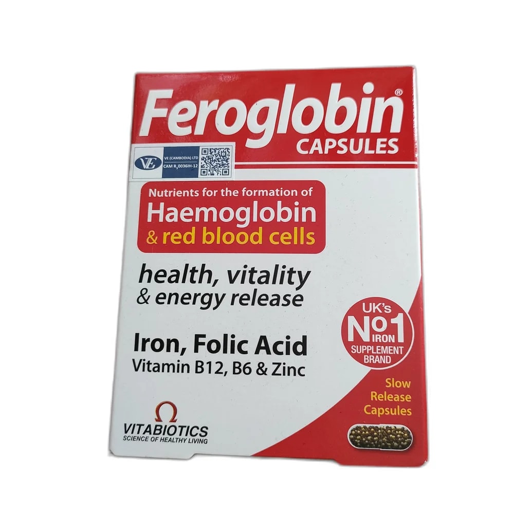 Feroglobin Iron 24 mg, Zinc 12 mg, Copper 2000 mcg, Folic Acid 500 mcg, Vitamin B12 10 mcg, Vitamin B6 5 mg per capsule - MEY PHARMA PHARMACY