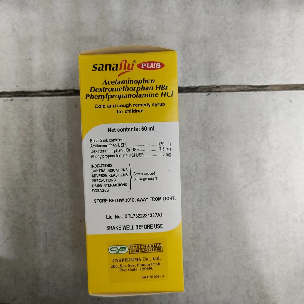 Sanaflu Plus 120 mg + 7.5 mg + 3.5 mg / 5 mL - Depot De Pharmacie "A" Kim Houy