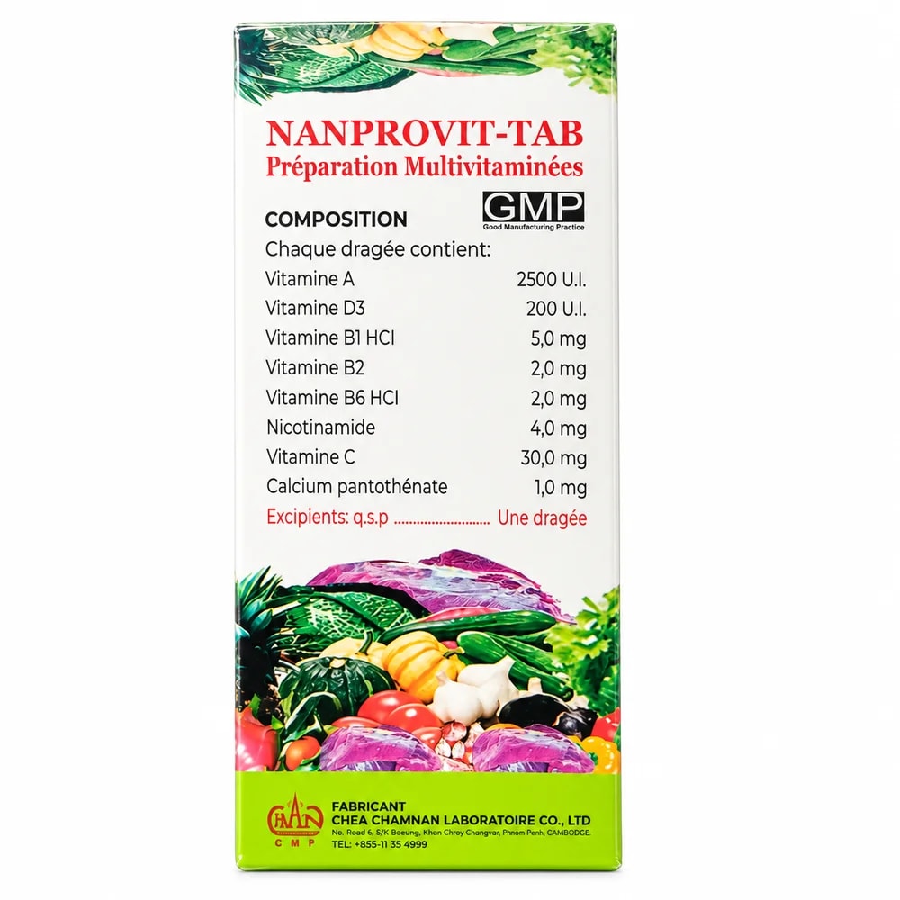 Nanprovit-Tab Vitamin A 2500 IU / Vitamin D3 200 IU / Vitamin B1 HCl 5 mg / Vitamin B2 2 mg / Vitamin B6 HCl 2 mg / Nicotinamide 4 mg / Vitamin C 30 mg / Calcium pantothenate 1 mg per sugar-coated tablet - Sann Sopheachenda Pharmacy