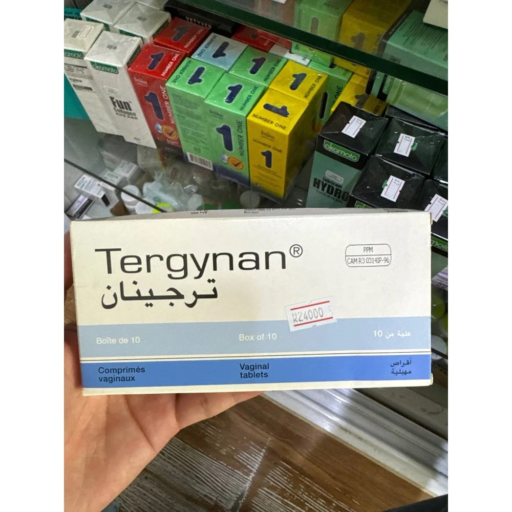 Tergynan Ternidazole 200 mg, neomycin sulfate 100 mg, nystatin 100,000 units, and prednisolone sodium metasulfobenzoate 3 mg per vaginal tablet, box of 10 - Kim Yi
