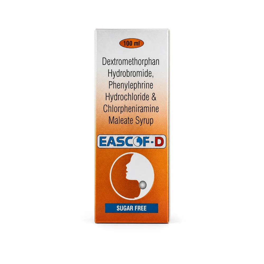 Eascof-D Dextromethorphan hydrobromide 10 mg / Phenylephrine hydrochloride 5 mg / Chlorpheniramine maleate 2 mg per 5 mL - Preah Chan Tep Pharmacy