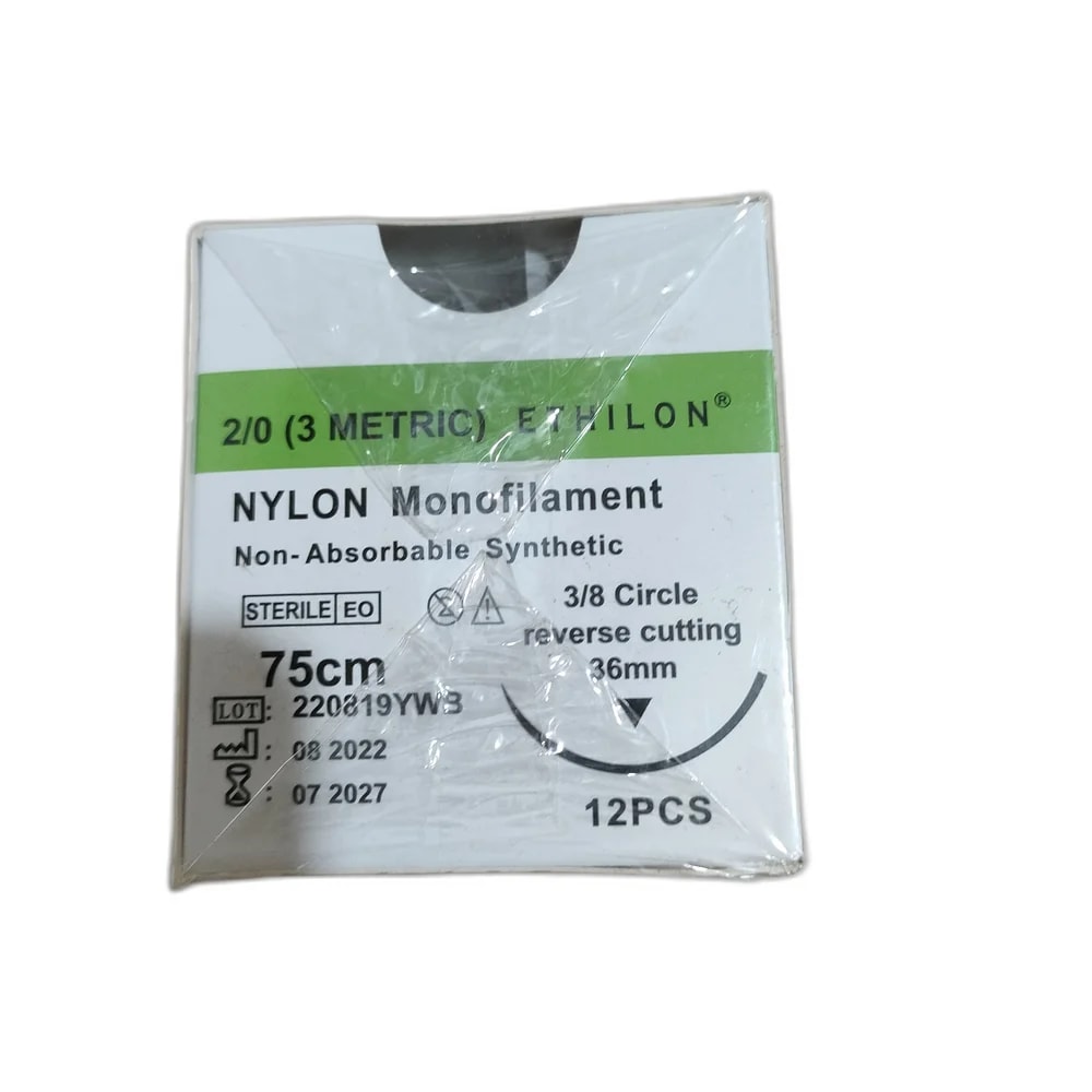 Ethilon Nylon 2/0 (3 metric), 75 cm, 3/8 circle reverse cutting 36 mm - Reachvong Pharmacy