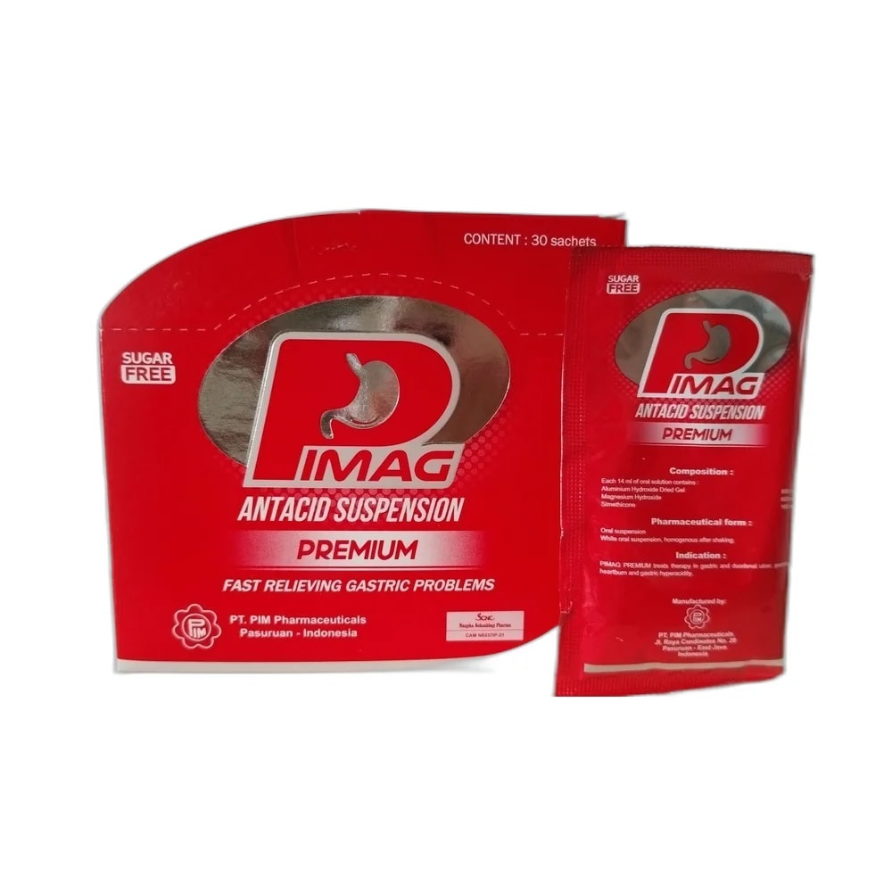 IMAG Antacid Suspension Premium 14 mL sachet: aluminium hydroxide dried gel 600 mg, magnesium hydroxide 600 mg, simethicone 160 mg - ឱសថស្ថាន សុខលាភ