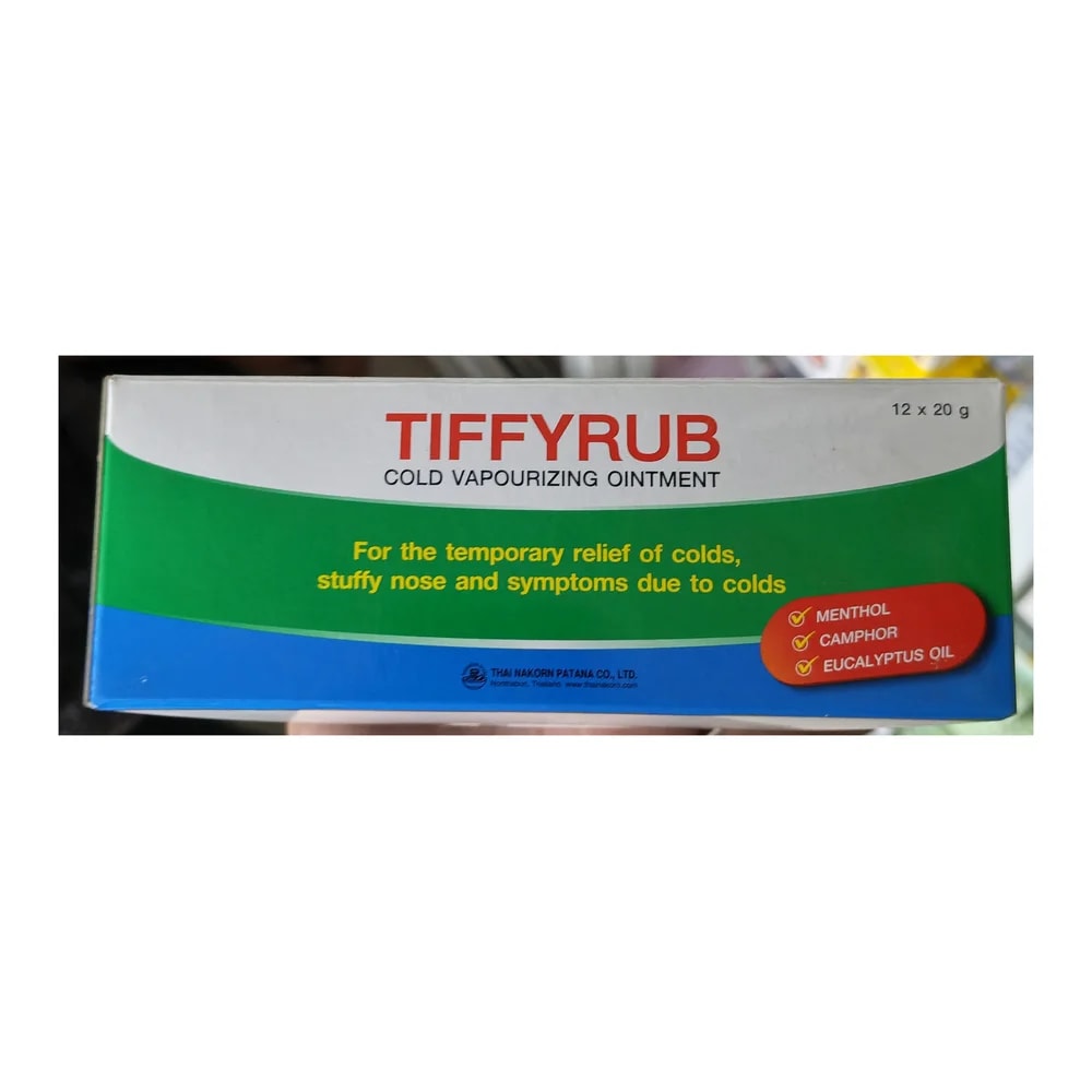 Tiffyrub Cold Vapourizing Ointment Menthol 3.0 g / Camphor 5.2 g / Eucalyptus oil 1.5 g per 100 g (20 g jar) - Morhachun Pharmacies