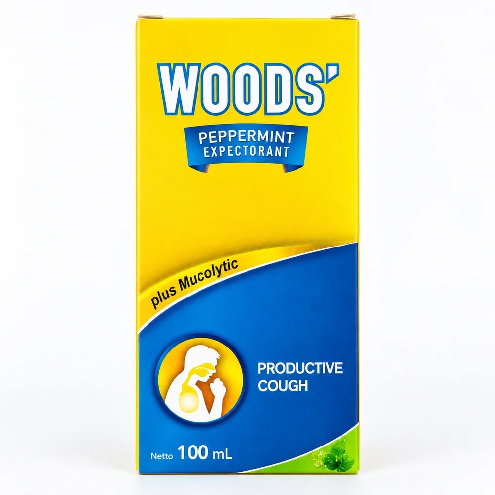 Woods' Peppermint Expectorant plus Mucolytic Bromhexine HCl 4 mg/5 mL; Guaiphenesin 100 mg/5 mL - Pharmacy Krech hong