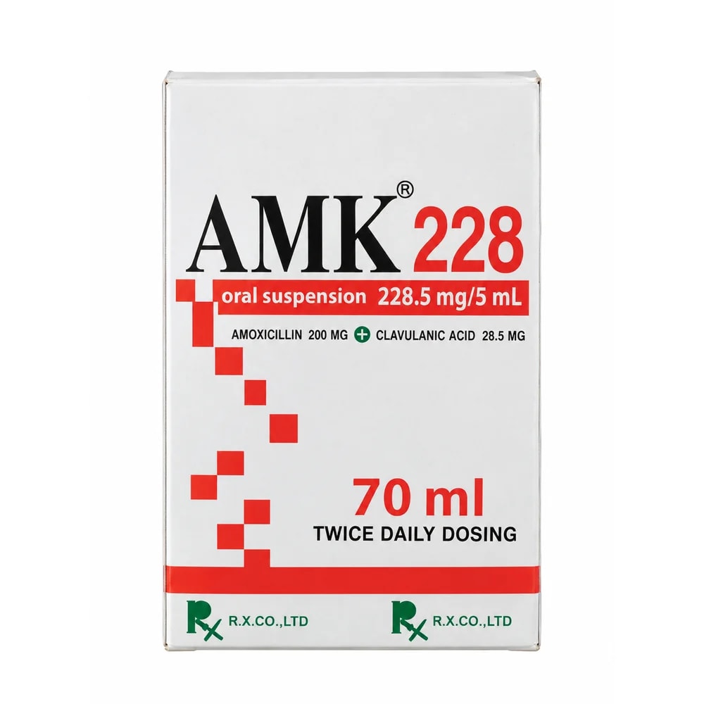 AMK 228 Amoxicillin 200 mg + clavulanic acid 28.5 mg per 5 mL; 70 mL - PHARMCY ARUN REAS