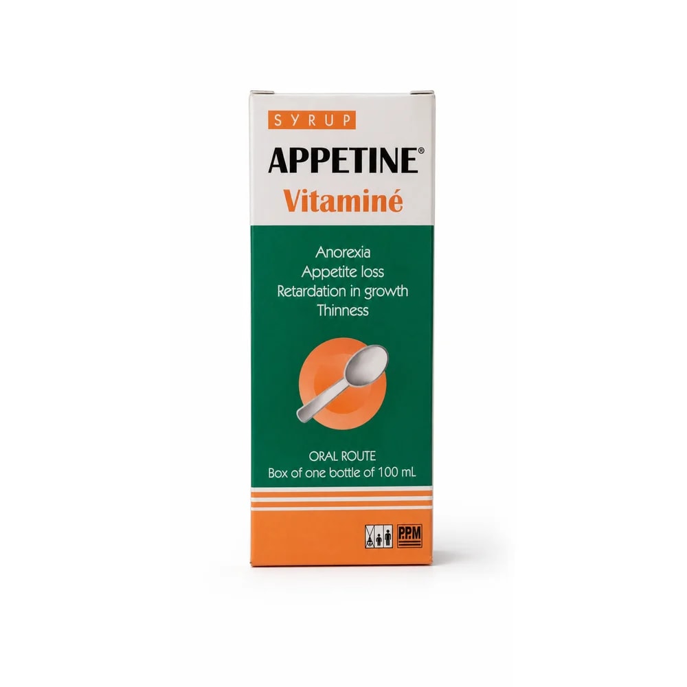 Appetine Vitaminé Syrup Cyproheptadine 2 mg / L-lysine 150 mg / Thiamine 5 mg / Pyridoxine 5 mg / Nicotinamide 10 mg / Cyanocobalamin 1.5 µg / Riboflavin 1 mg per 5 mL - Preah Chan Tep Pharmacy 