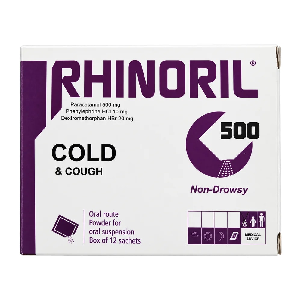 Rhinoril 500 mg (Rhume & Toux) Paracetamol 500 mg; phenylephrine hydrochloride 10 mg; dextromethorphan hydrobromide 20 mg - Pharmacy Krech hong