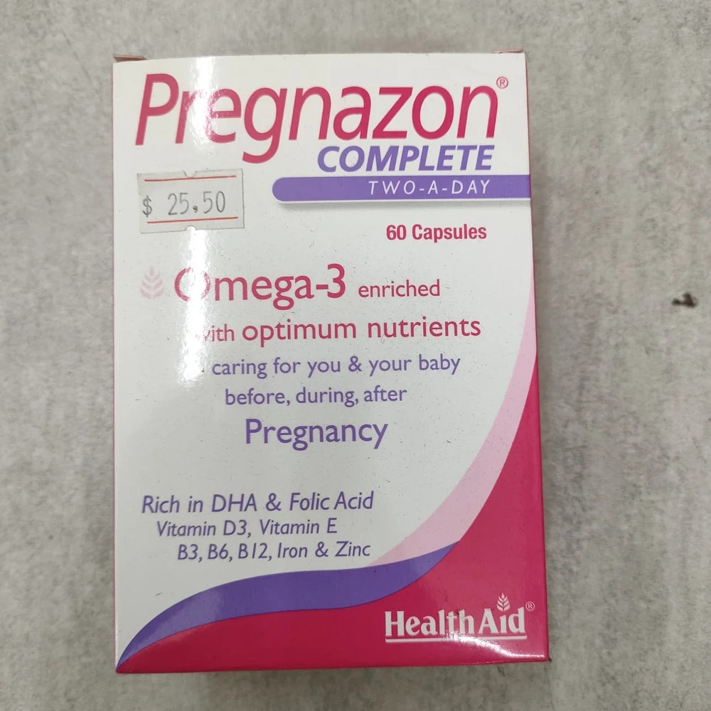 HealthAid Pregnazon Complete Two-a-day. Per 2 capsules: 800 mcg Folic Acid, 25 mcg Vitamin D3, 19 vitamins & minerals plus Omega-3 (DHA 308 mg, EPA 80 mg) - Depot De Pharmacie "A" Kim Houy