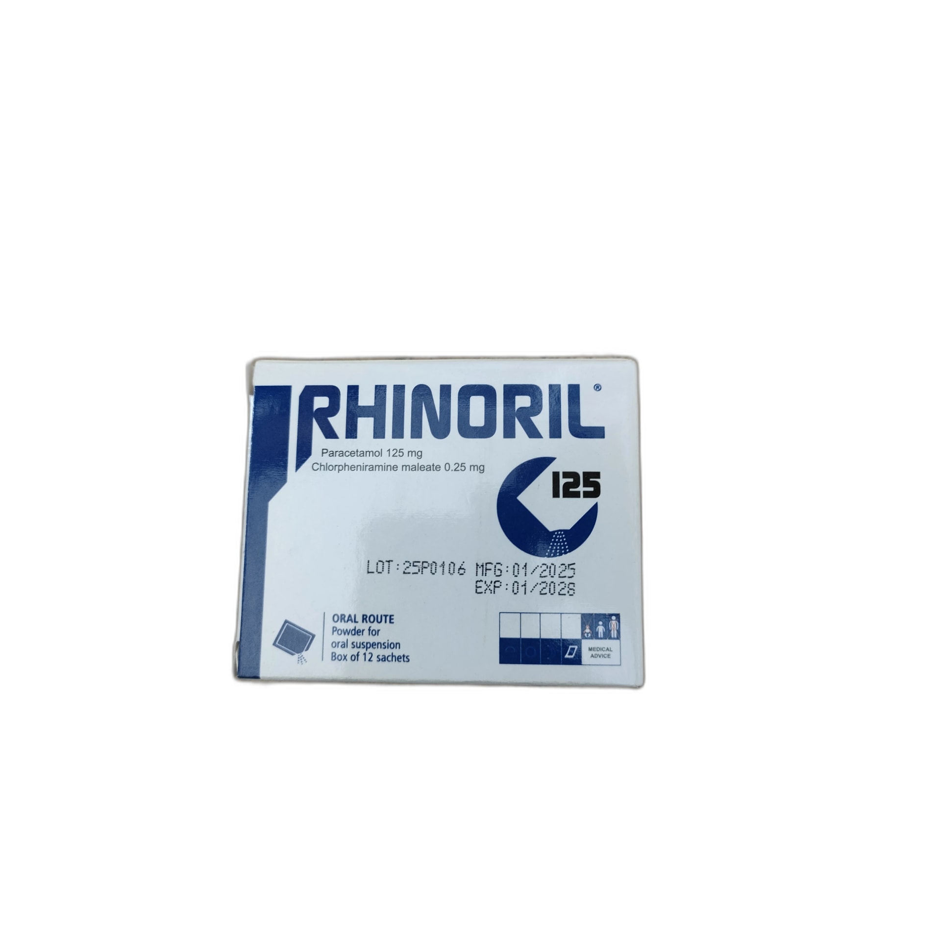 Rhinoril 125 Sachets Paracetamol 125 mg + Chlorpheniramine maleate 0.25 mg per sachet - PHARMARCY DARA RAKSMEY KOK CHAMBOK