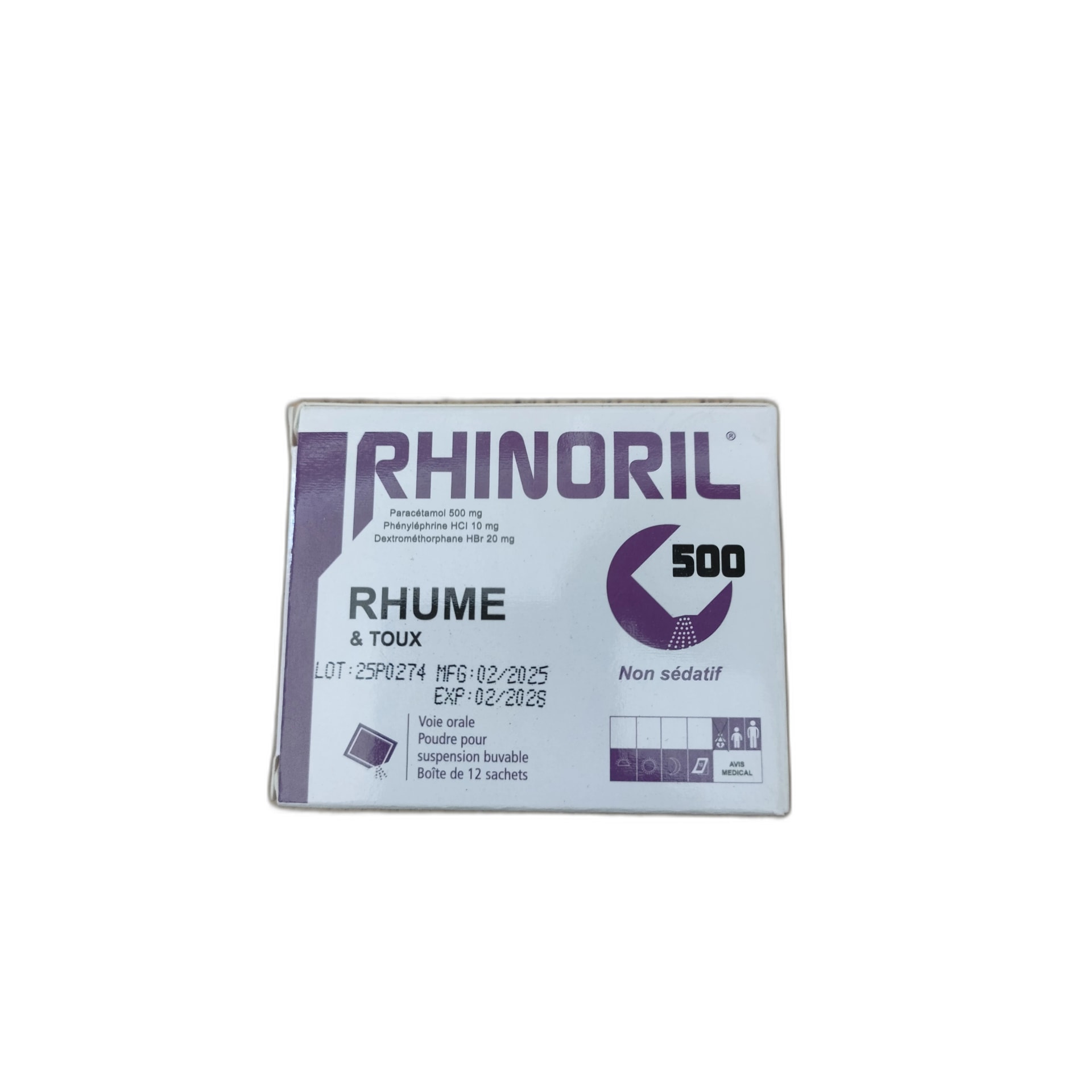 Rhinoril 500 Rhume Toux Paracetamol 500 mg + Phenylephrine HCl 10 mg + Dextromethorphan HBr 20 mg per sachet - PHARMARCY DARA RAKSMEY KOK CHAMBOK