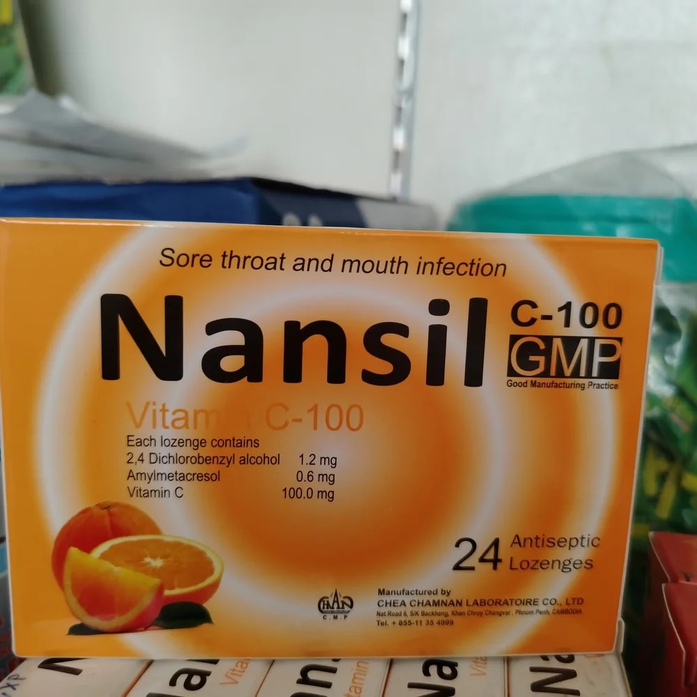 Nansil C-100 2,4-dichlorobenzyl alcohol 1.2 mg, amylmetacresol 0.6 mg, vitamin C 100 mg - CHEANIMUL PHARMACY