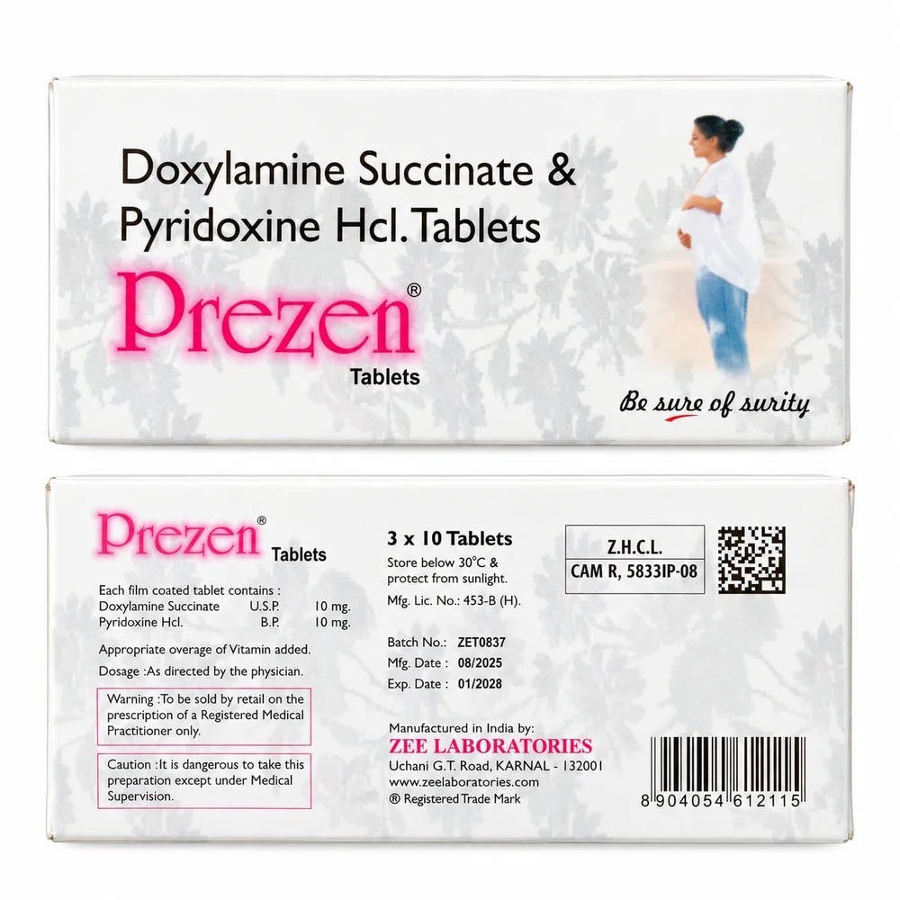 Prezen Doxylamine succinate 10 mg + pyridoxine hydrochloride 10 mg per tablet - Sann Sopheachenda Pharmacy